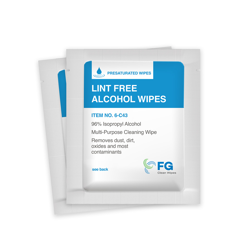 FG Clean Wipes 4``x3`` Lint Free Alcohol Wipes - 96% IPA Box of 60 Individually Wrapped Sachets